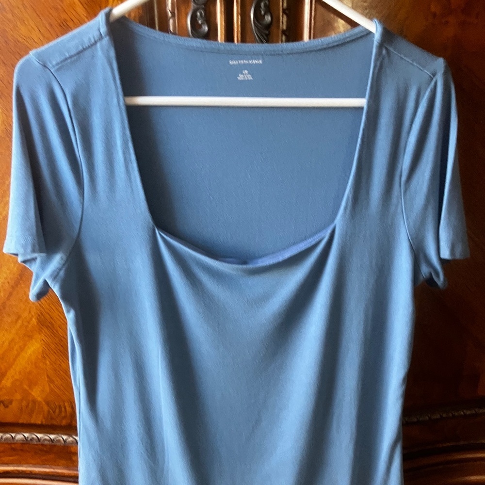Saks Fifth Avenue Women's Square Neck Blue Short Sleeve Blouse - Size L